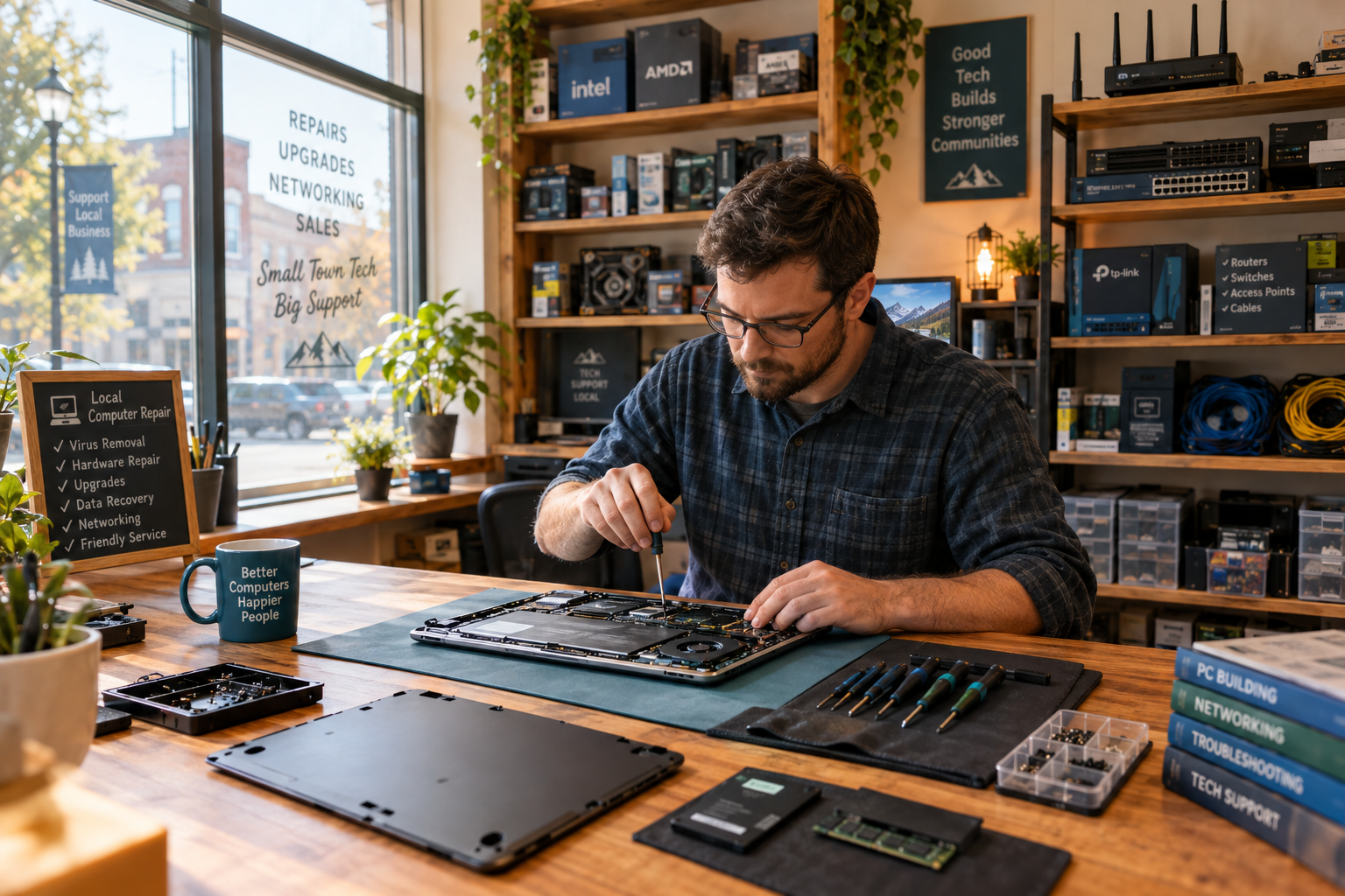 Compucom Computers repair workshop with a technician servicing a laptop on a wooden workbench